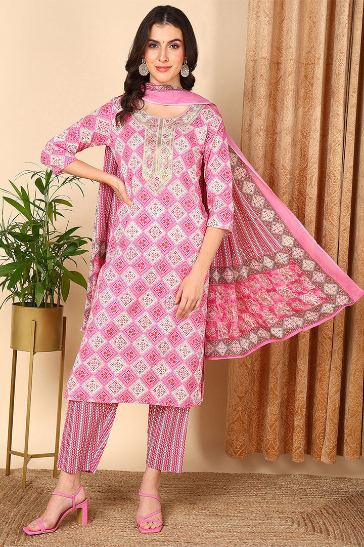 Pink Pure Cotton Geometric Printed Yoke Design Suit Set | SHOBITAM