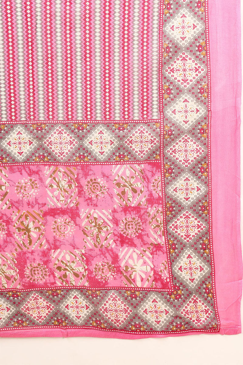 Pink Pure Cotton Geometric Printed Yoke Design Suit Set | SHOBITAM