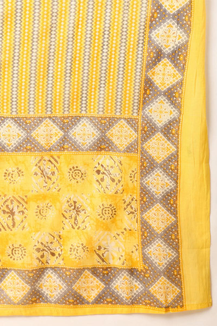 Yellow Pure Cotton Geometric Printed Yoke Design Suit Set | SHOBITAM