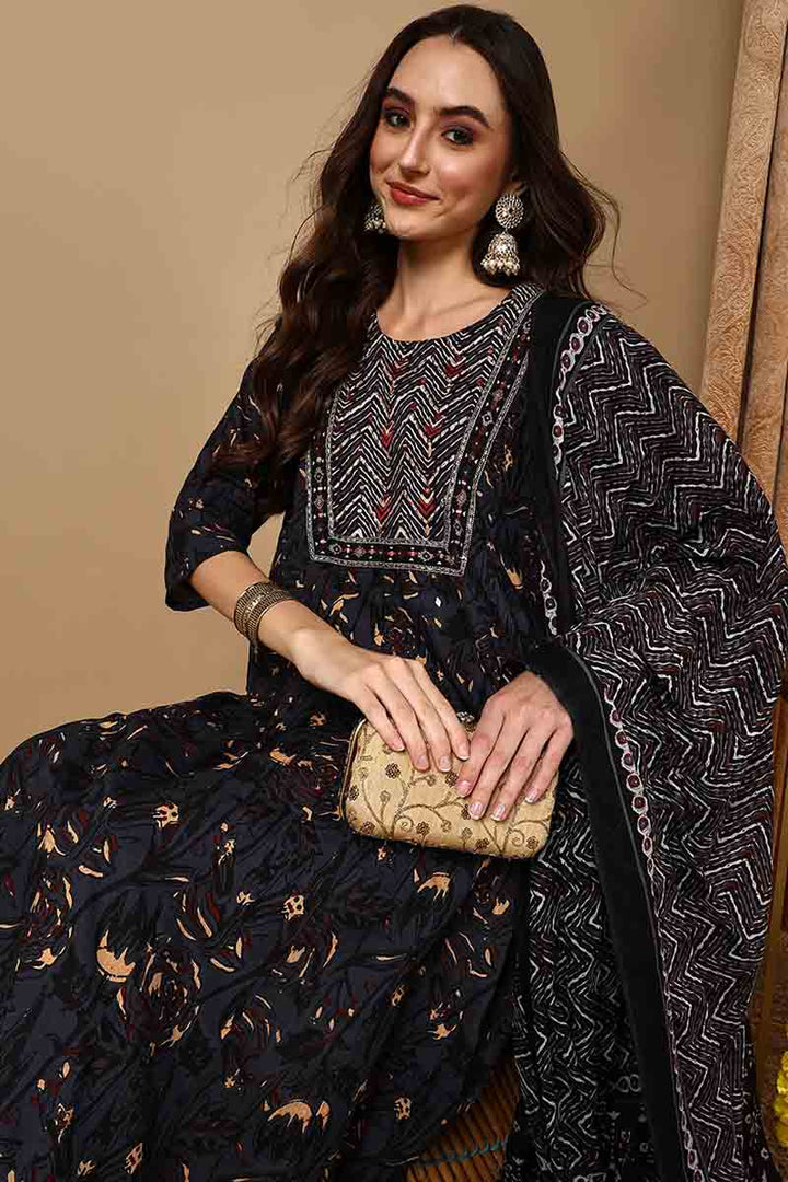 Charcoal Black Pure Cotton Floral Printed Yoke Design Suit Set | SHOBITAM