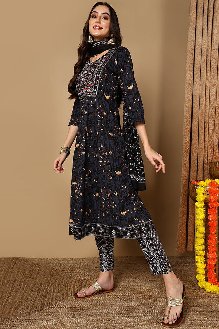 Charcoal Black Pure Cotton Floral Printed Yoke Design Suit Set | SHOBITAM