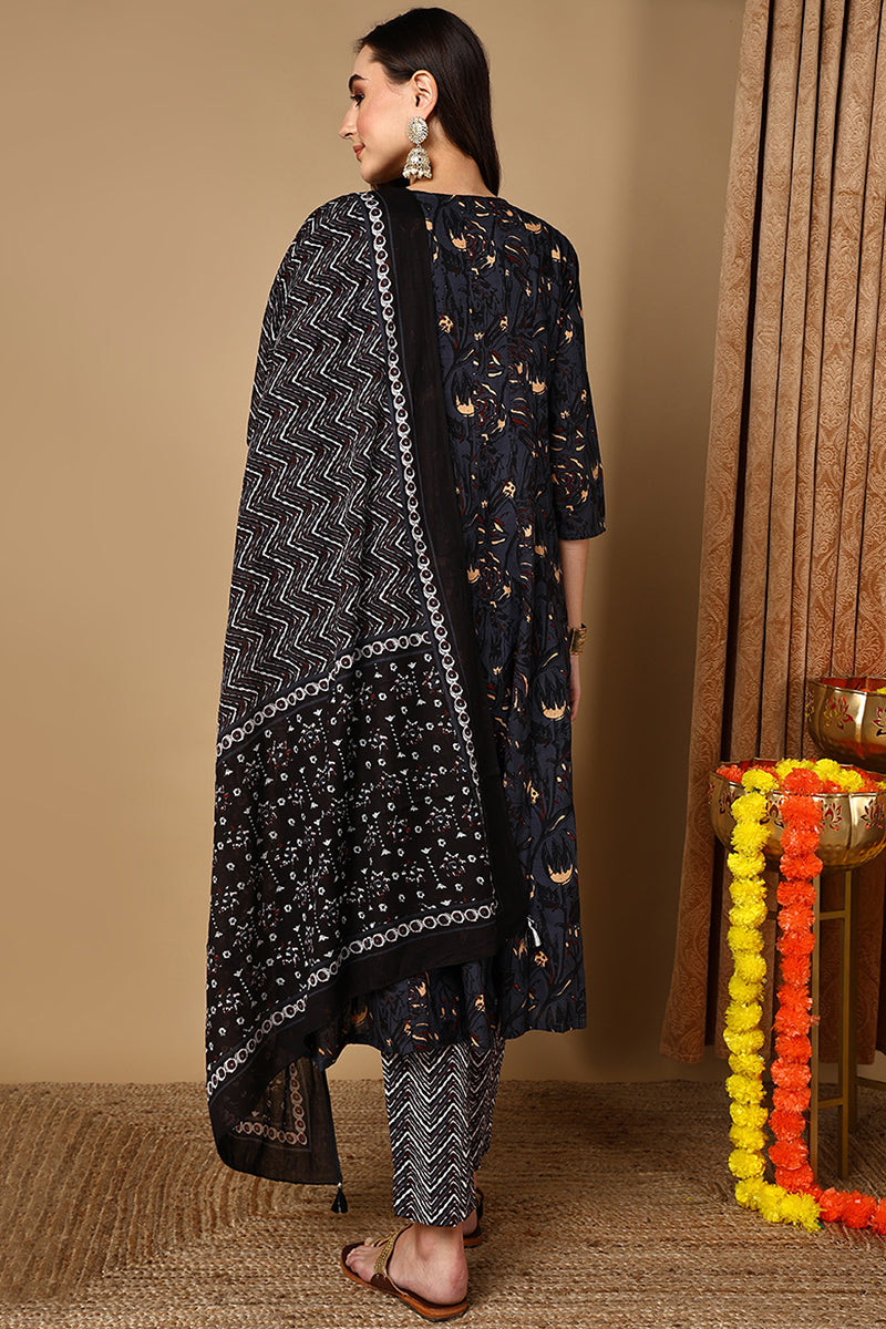 Charcoal Black Pure Cotton Floral Printed Yoke Design Suit Set | SHOBITAM