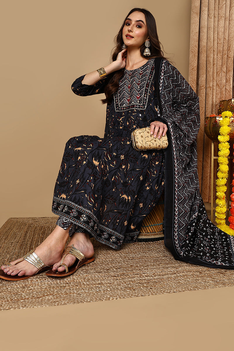 Charcoal Black Pure Cotton Floral Printed Yoke Design Suit Set | SHOBITAM