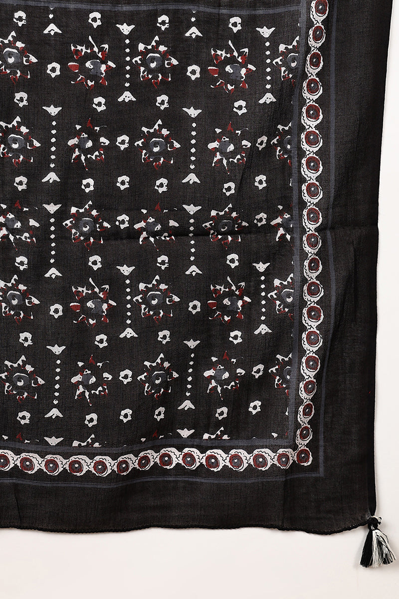 Charcoal Black Pure Cotton Floral Printed Yoke Design Suit Set | SHOBITAM
