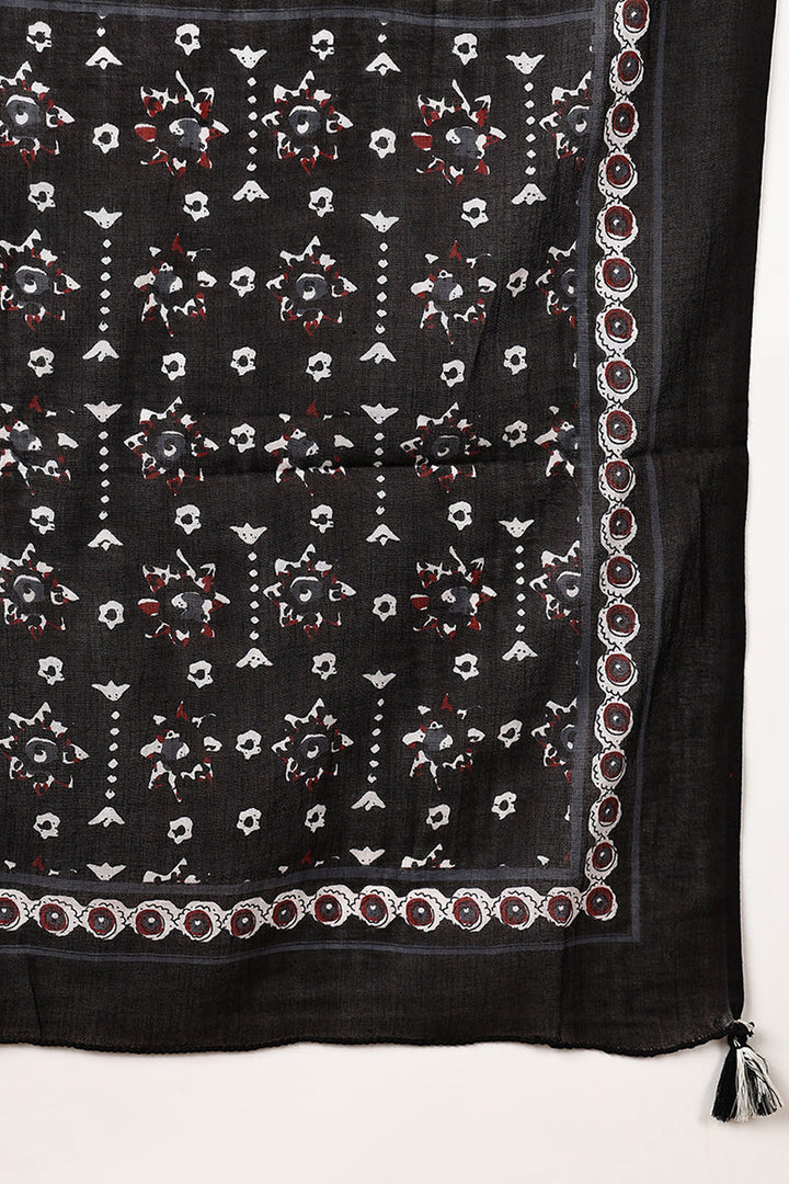 Charcoal Black Pure Cotton Floral Printed Yoke Design Suit Set | SHOBITAM