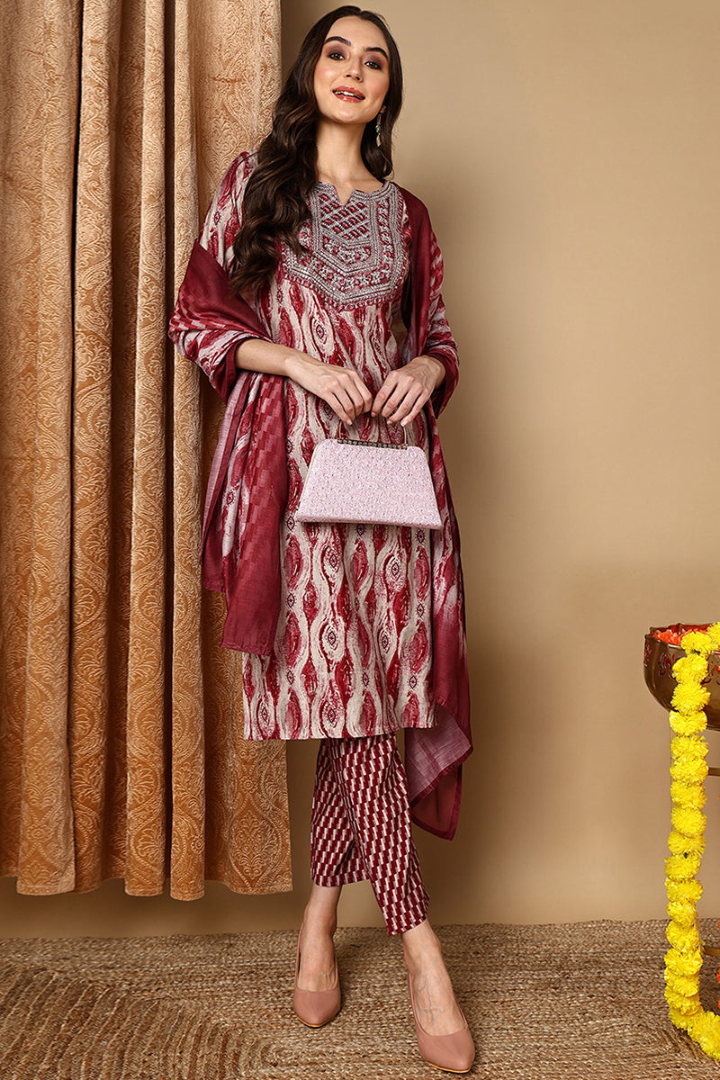 Maroon Silk Blend Printed Ethnic Motifs Yoke Design Suit Set  | SHOBITAM