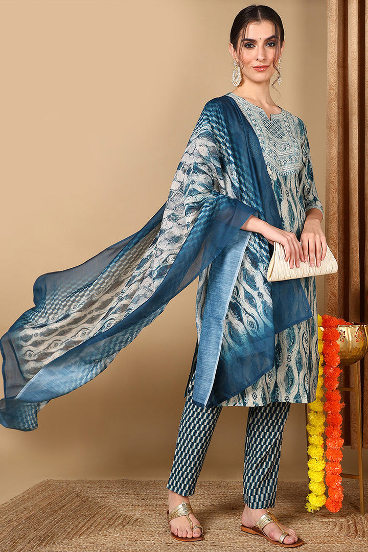 Blue Silk Blend Ethnic Motifs Printed Yoke Design Suit Set  | SHOBITAM
