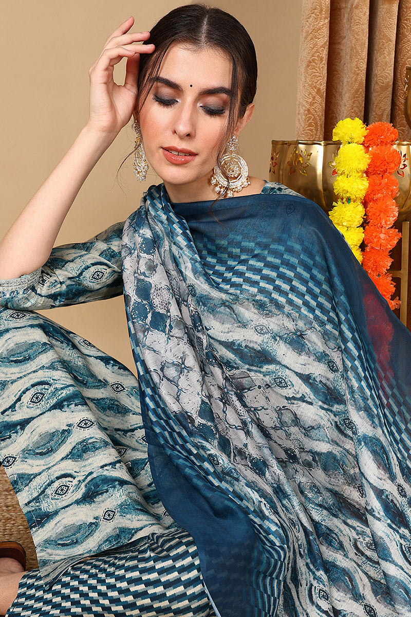 Blue Silk Blend Ethnic Motifs Printed Yoke Design Suit Set  | SHOBITAM