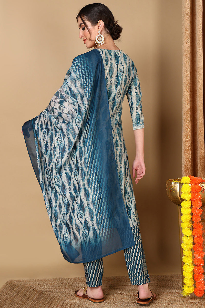 Blue Silk Blend Ethnic Motifs Printed Yoke Design Suit Set  | SHOBITAM