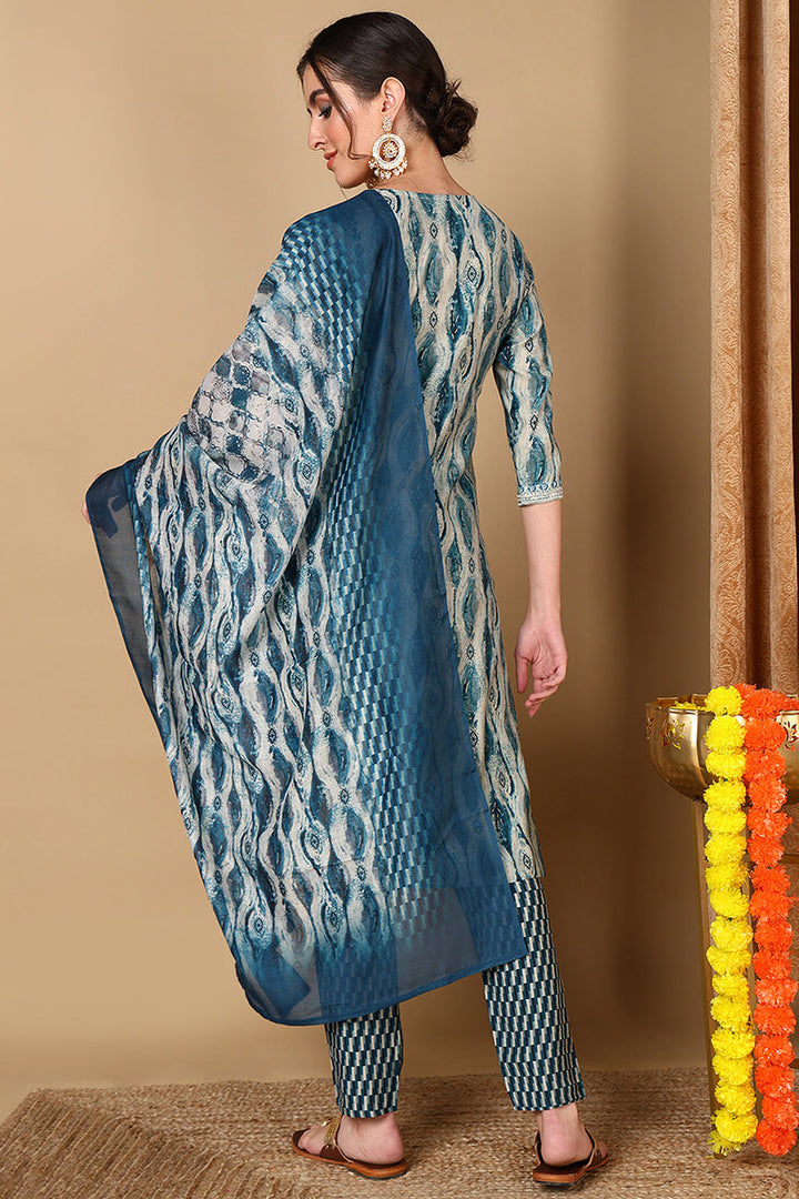 Blue Silk Blend Ethnic Motifs Printed Yoke Design Suit Set  | SHOBITAM