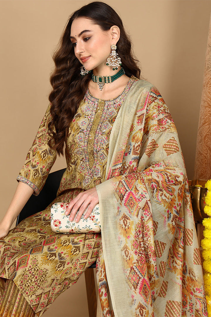 Mustard Yellow Cotton Geometric Printed Straight Suit Set  | SHOBITAM
