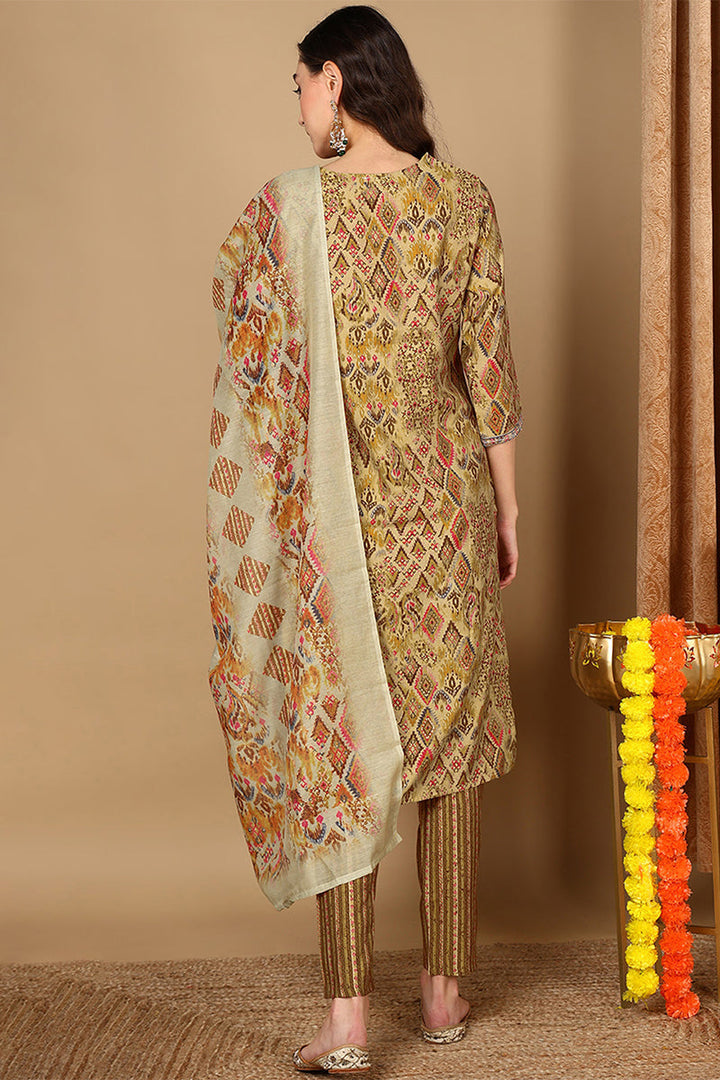 Mustard Yellow Cotton Geometric Printed Straight Suit Set  | SHOBITAM