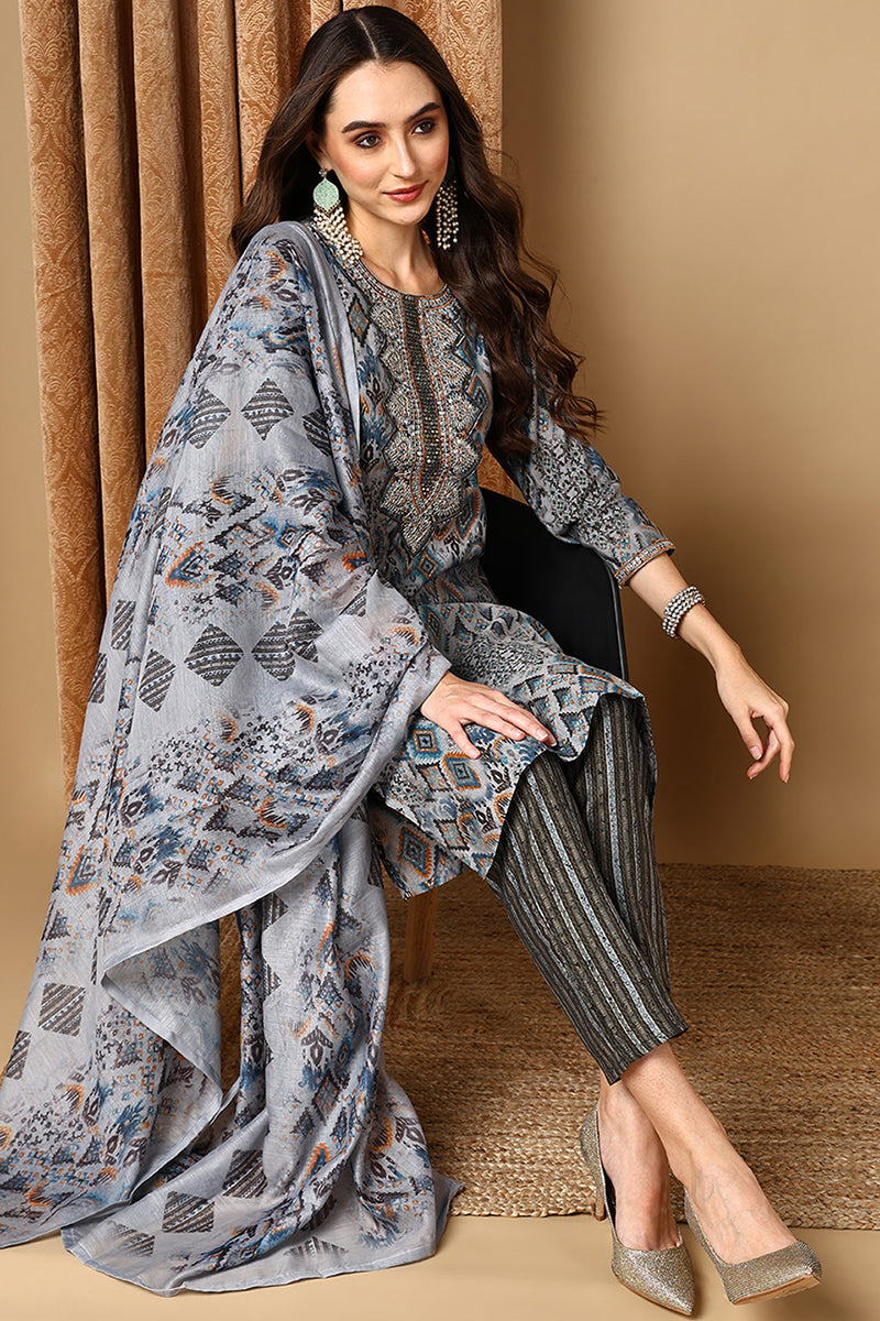 Grey Pure Cotton Ethnic Motifs Printed Straight Suit Set  | SHOBITAM