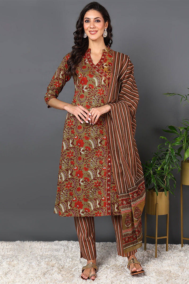 Brown Pure Cotton Ethnic Motifs Printed Angharkha Style Suit Set | SHOBITAM
