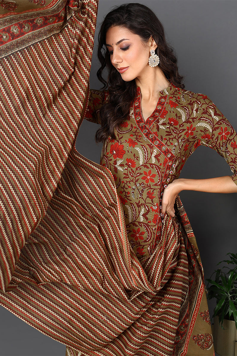Brown Pure Cotton Ethnic Motifs Printed Angharkha Style Suit Set | SHOBITAM