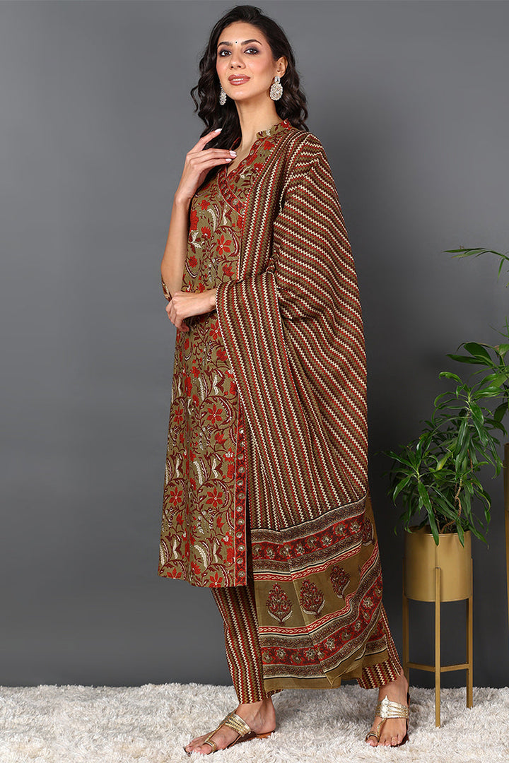 Brown Pure Cotton Ethnic Motifs Printed Angharkha Style Suit Set | SHOBITAM