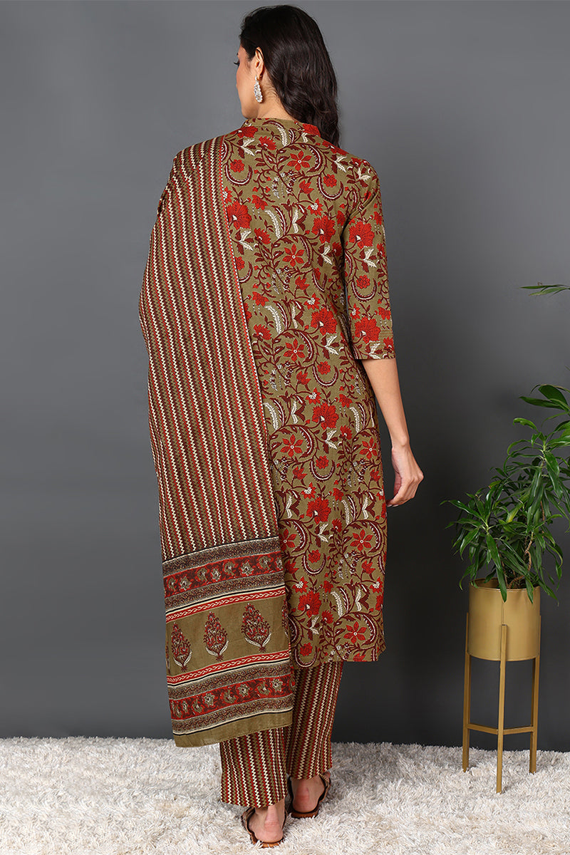 Brown Pure Cotton Ethnic Motifs Printed Angharkha Style Suit Set | SHOBITAM