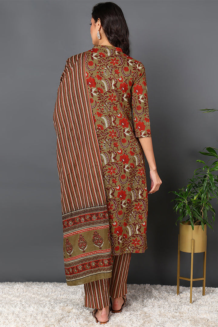 Brown Pure Cotton Ethnic Motifs Printed Angharkha Style Suit Set | SHOBITAM