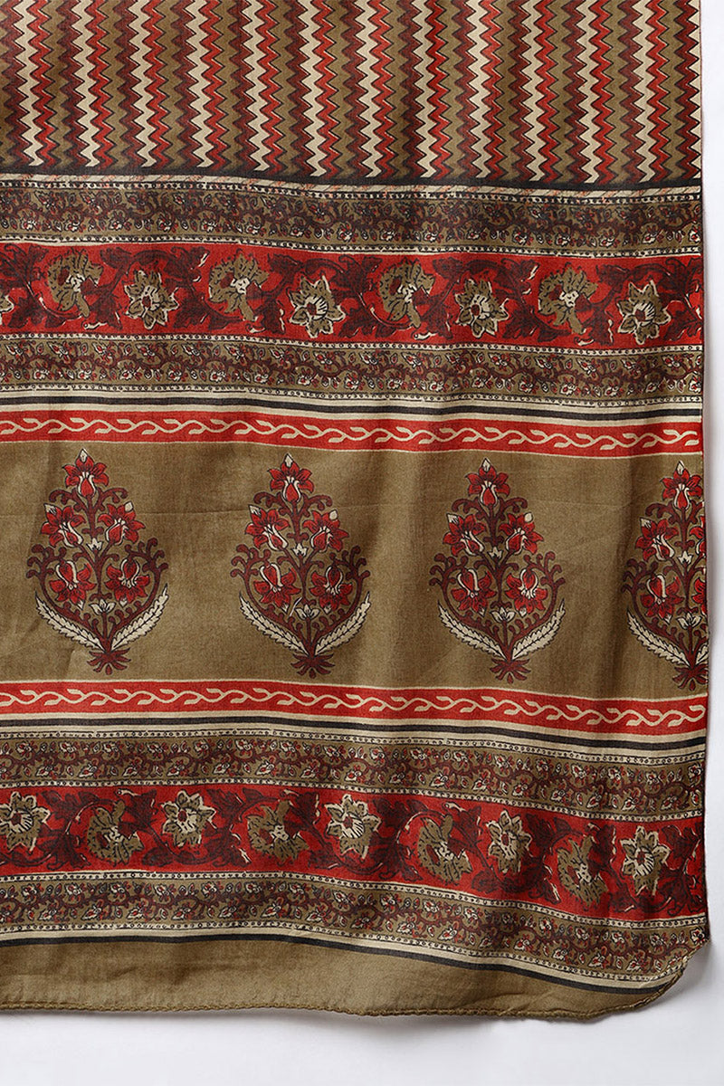 Brown Pure Cotton Ethnic Motifs Printed Angharkha Style Suit Set | SHOBITAM