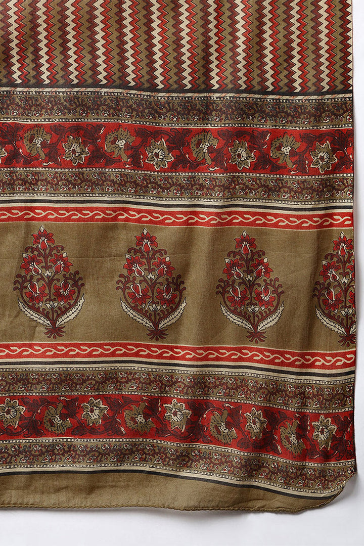Brown Pure Cotton Ethnic Motifs Printed Angharkha Style Suit Set | SHOBITAM
