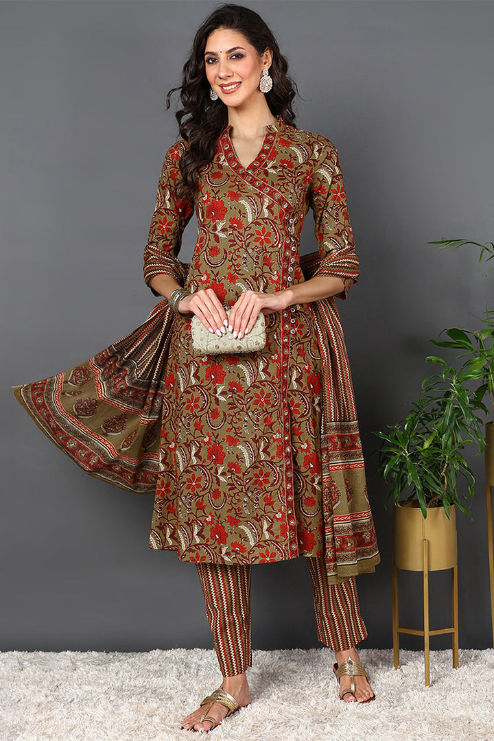 Brown Pure Cotton Ethnic Motifs Printed Angharkha Style Suit Set | SHOBITAM
