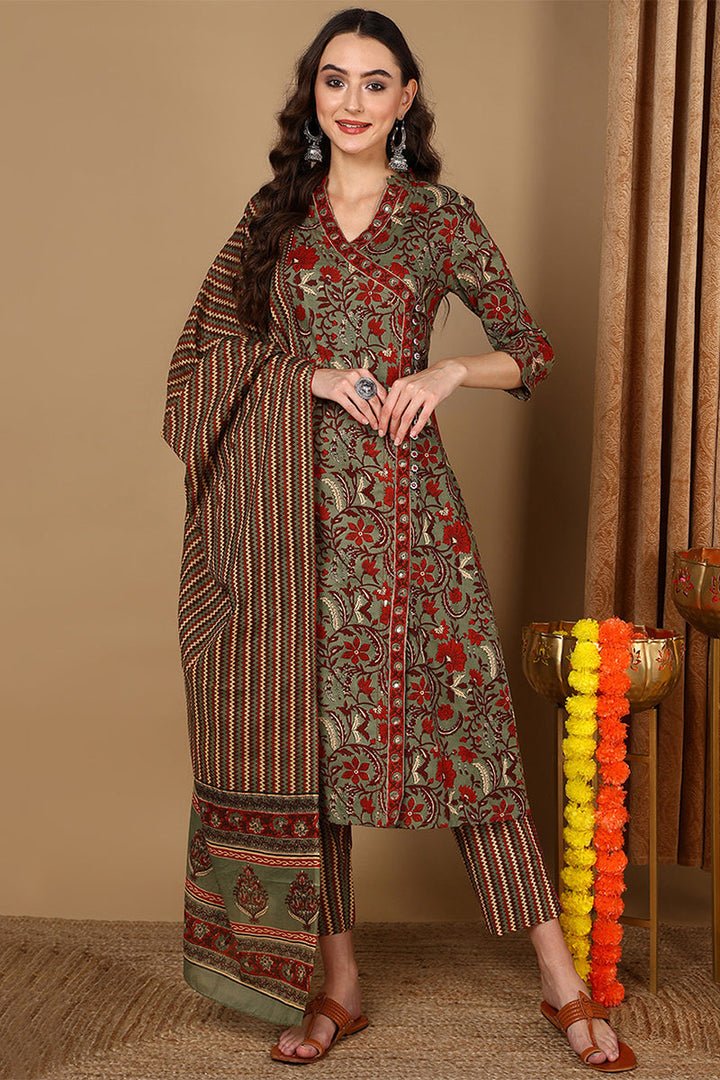 Green Pure Cotton Floral Printed Angarkha Suit Set  | SHOBITAM