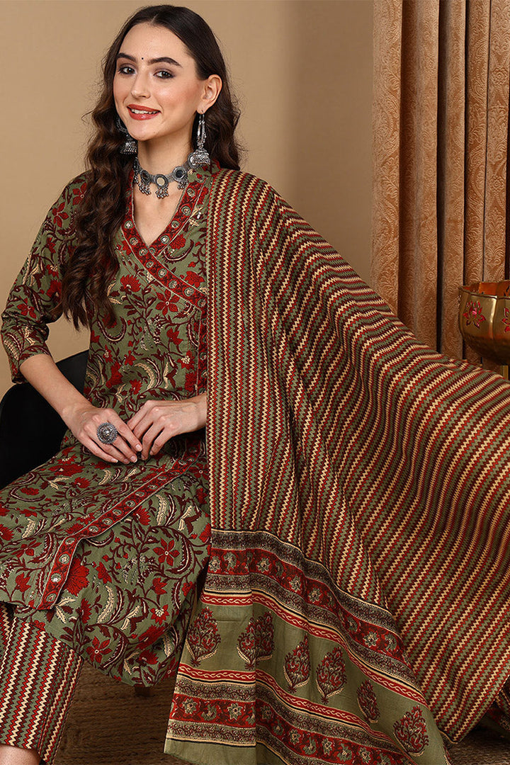 Green Pure Cotton Floral Printed Angarkha Suit Set  | SHOBITAM
