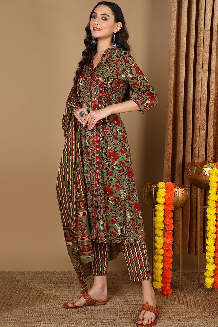 Green Pure Cotton Floral Printed Angarkha Suit Set  | SHOBITAM