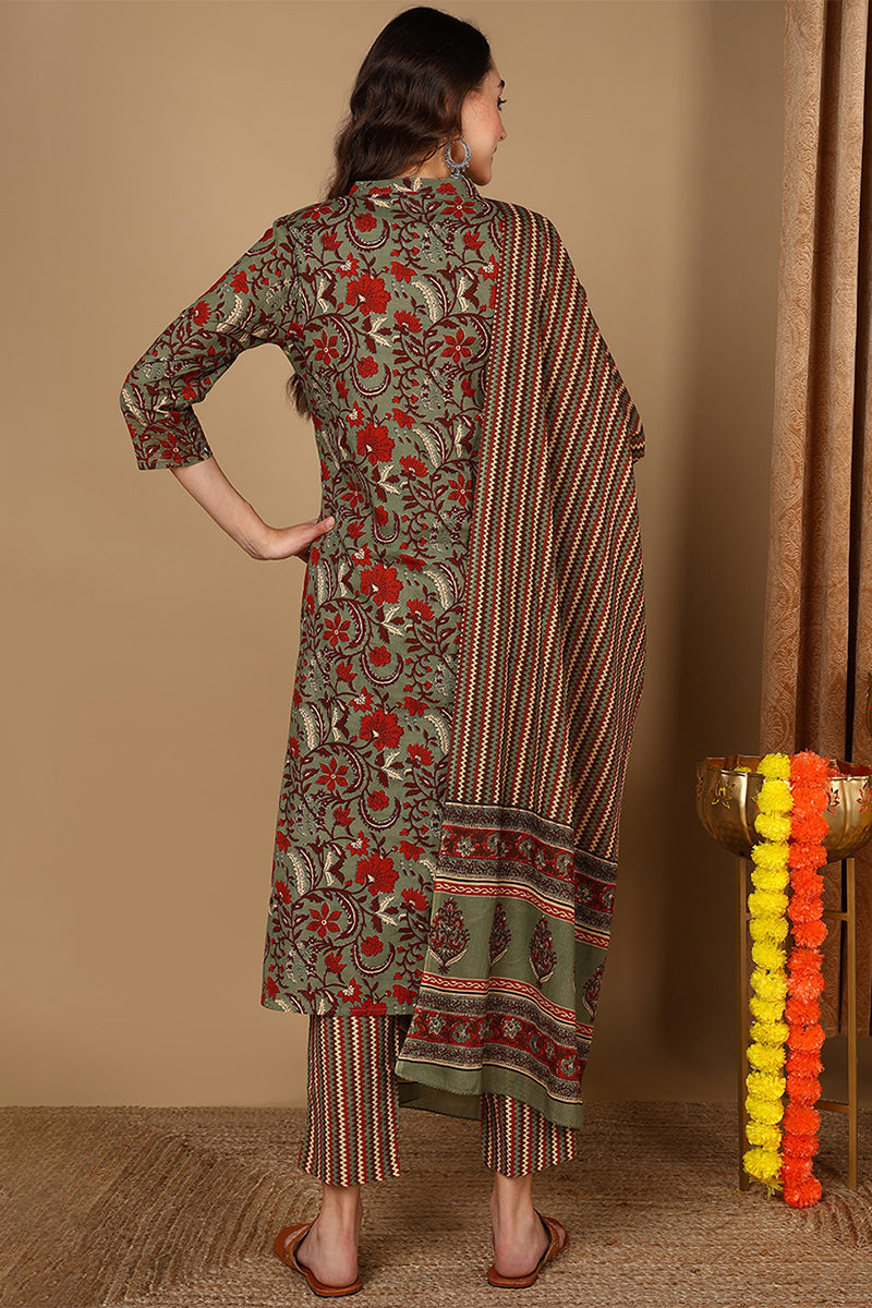 Green Pure Cotton Floral Printed Angarkha Suit Set  | SHOBITAM