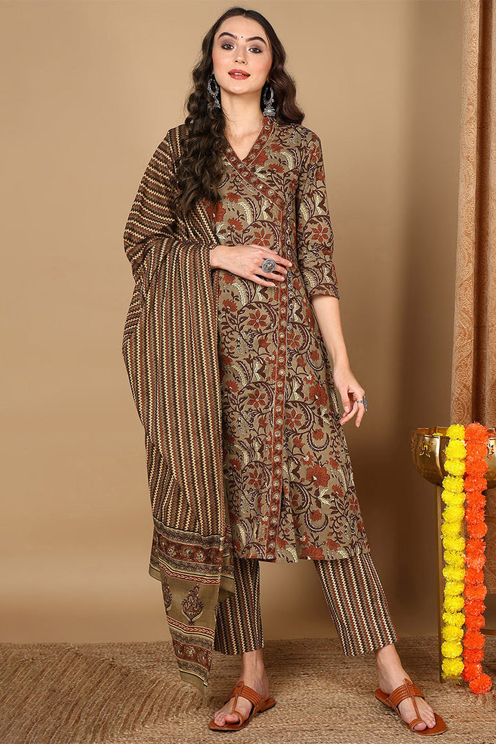 Taupe Pure Cotton Floral Printed Angharkha Suit Set  | SHOBITAM