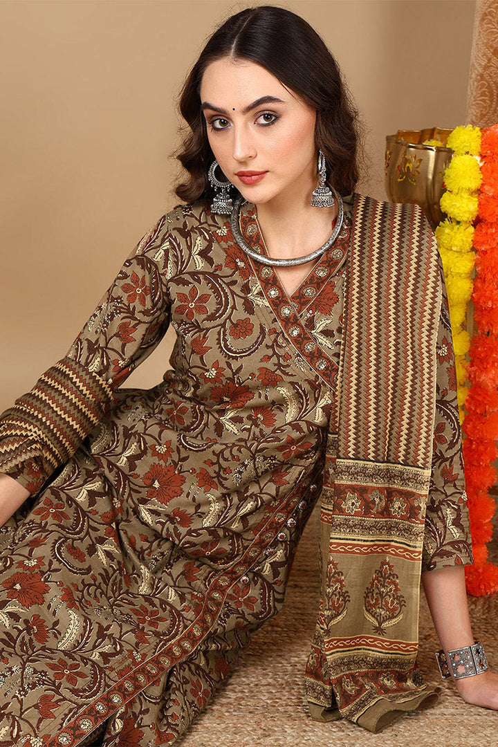 Taupe Pure Cotton Floral Printed Angharkha Suit Set  | SHOBITAM