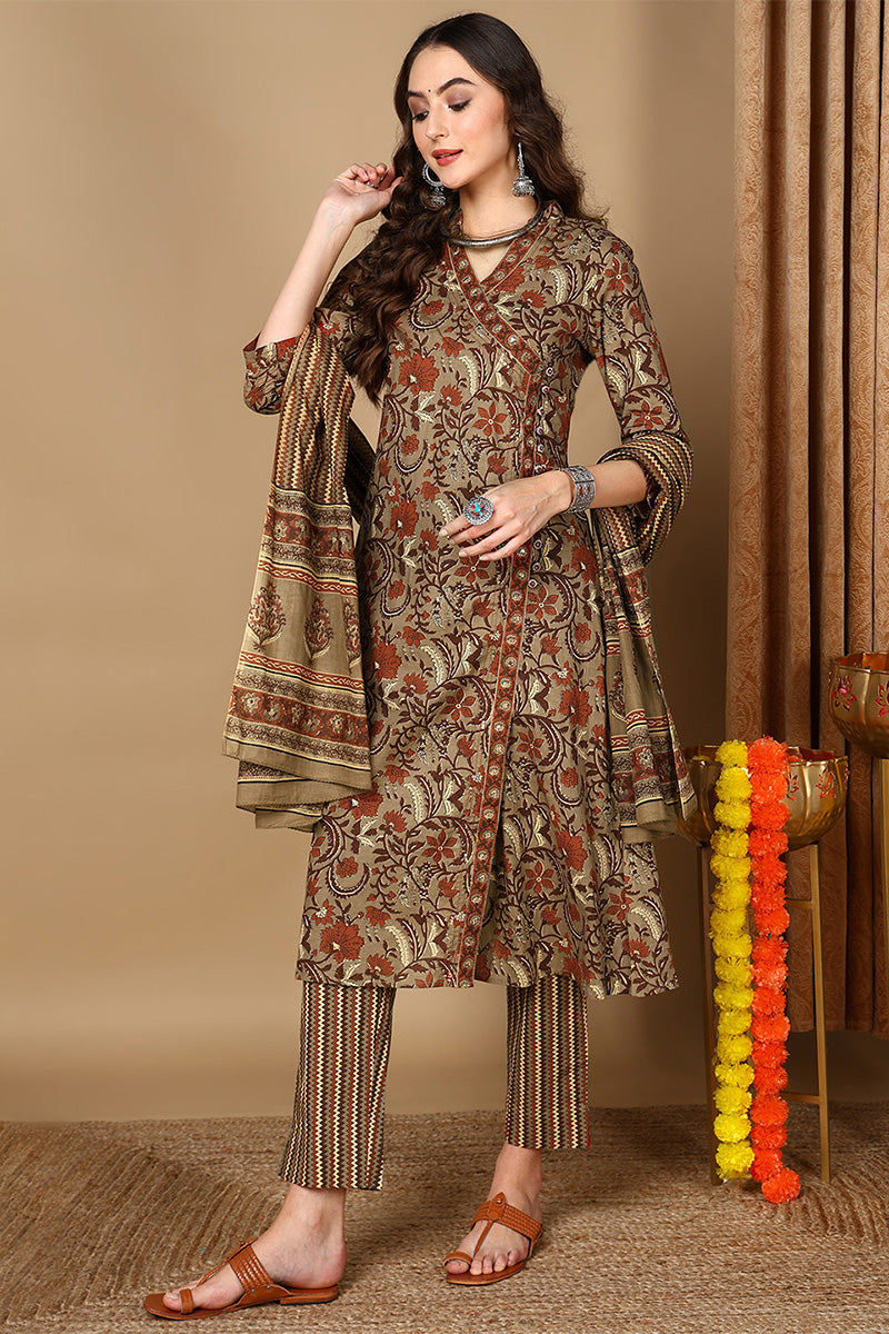 Taupe Pure Cotton Floral Printed Angharkha Suit Set  | SHOBITAM