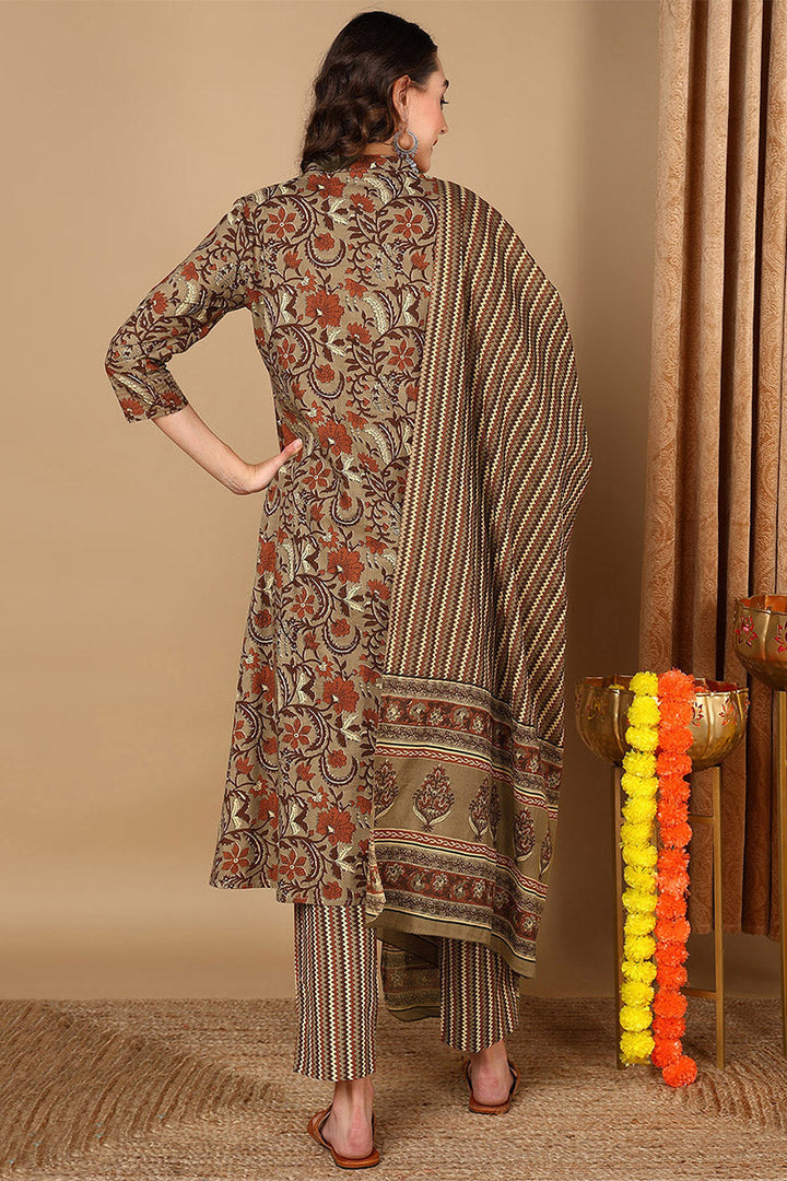 Taupe Pure Cotton Floral Printed Angharkha Suit Set  | SHOBITAM