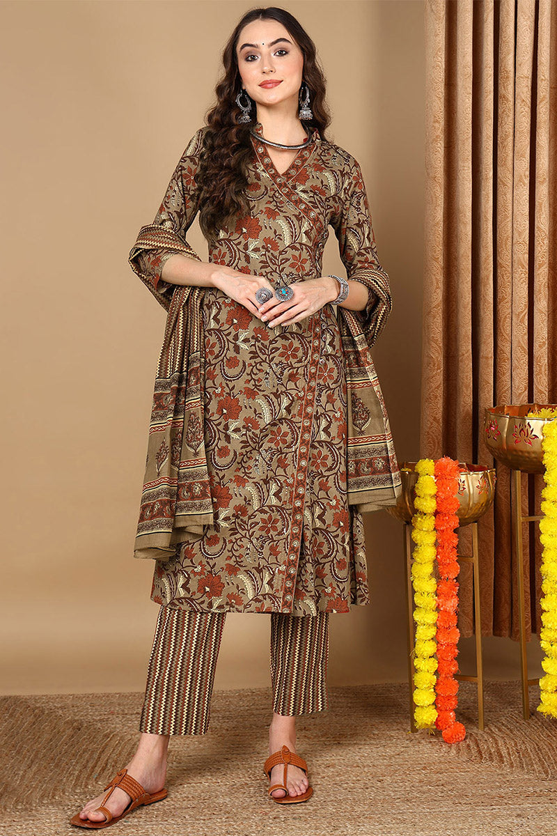 Taupe Pure Cotton Floral Printed Angharkha Suit Set  | SHOBITAM