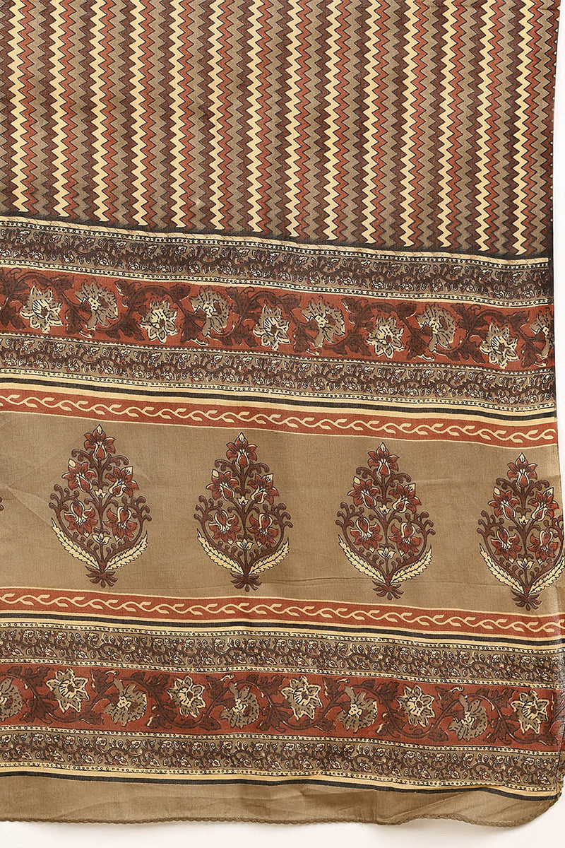 Taupe Pure Cotton Floral Printed Angharkha Suit Set  | SHOBITAM