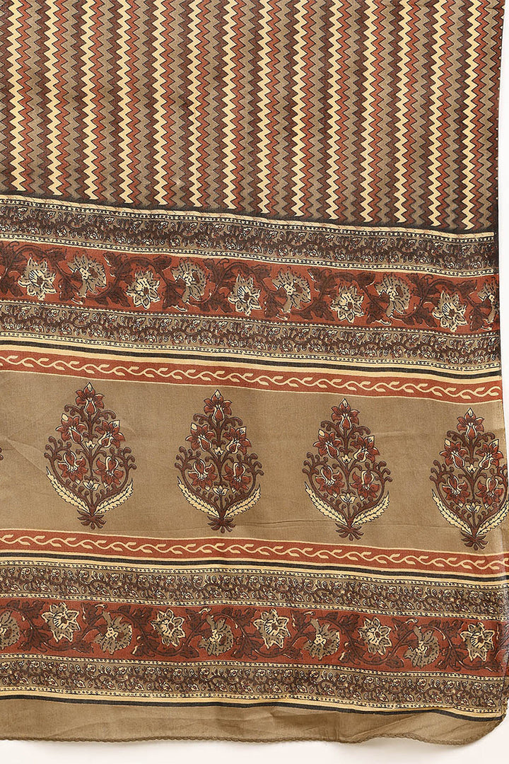 Taupe Pure Cotton Floral Printed Angharkha Suit Set  | SHOBITAM