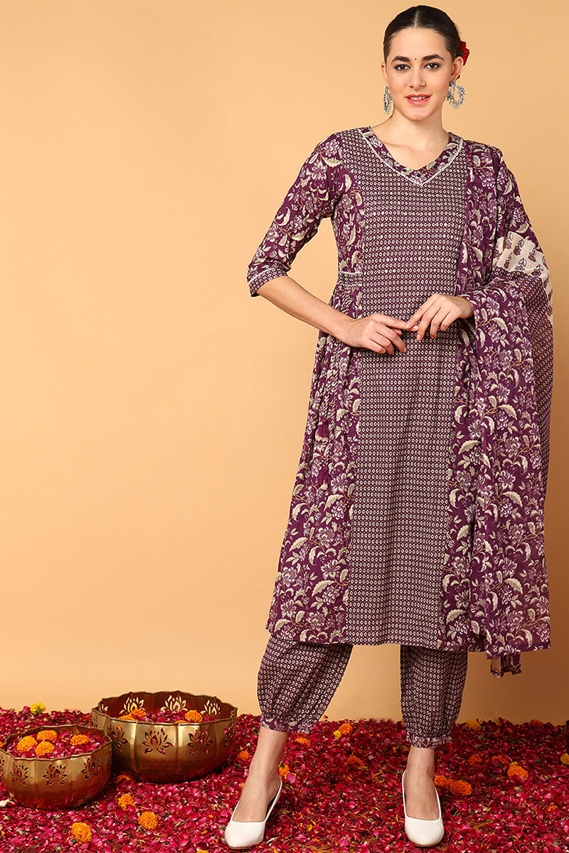 Magenta Pure Cotton Floral Printed Flared Suit Set | SHOBITAM