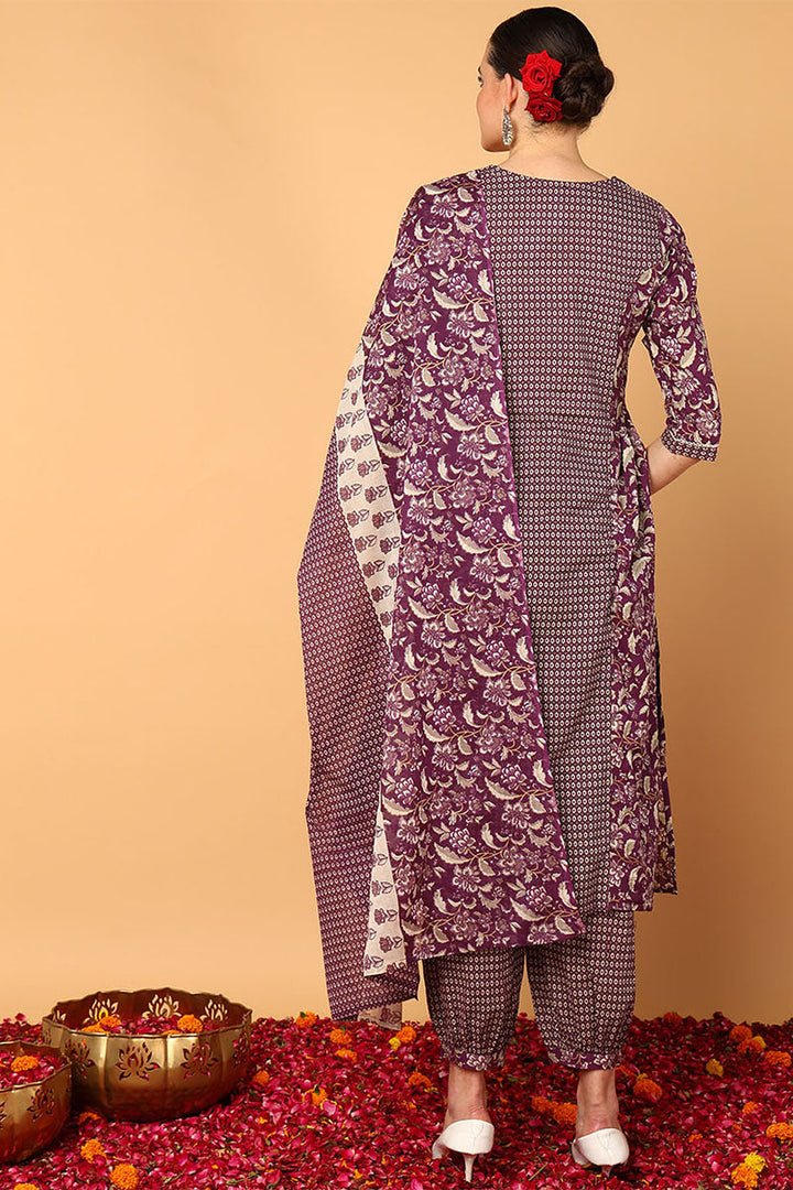 Magenta Pure Cotton Floral Printed Flared Suit Set | SHOBITAM