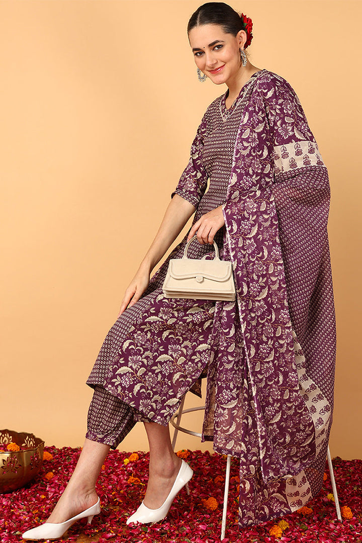 Magenta Pure Cotton Floral Printed Flared Suit Set | SHOBITAM