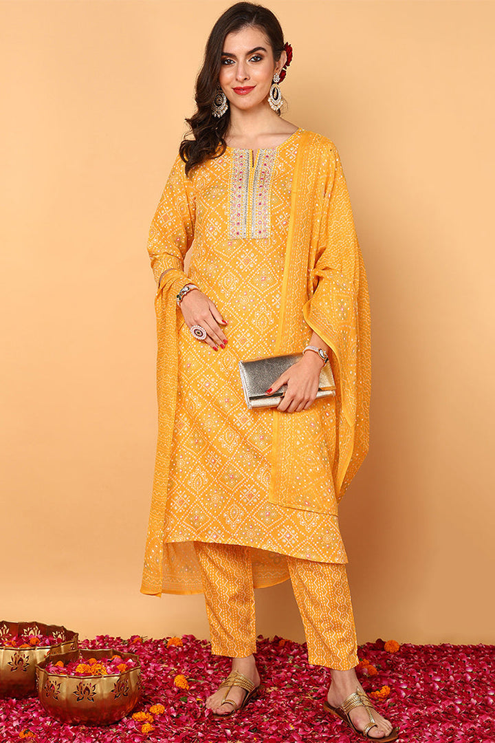 Yellow Poly Cotton Bandhani Printed Straight Suit Set | SHOBITAM
