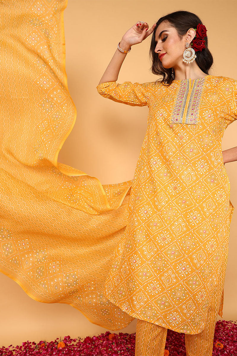 Yellow Poly Cotton Bandhani Printed Straight Suit Set | SHOBITAM