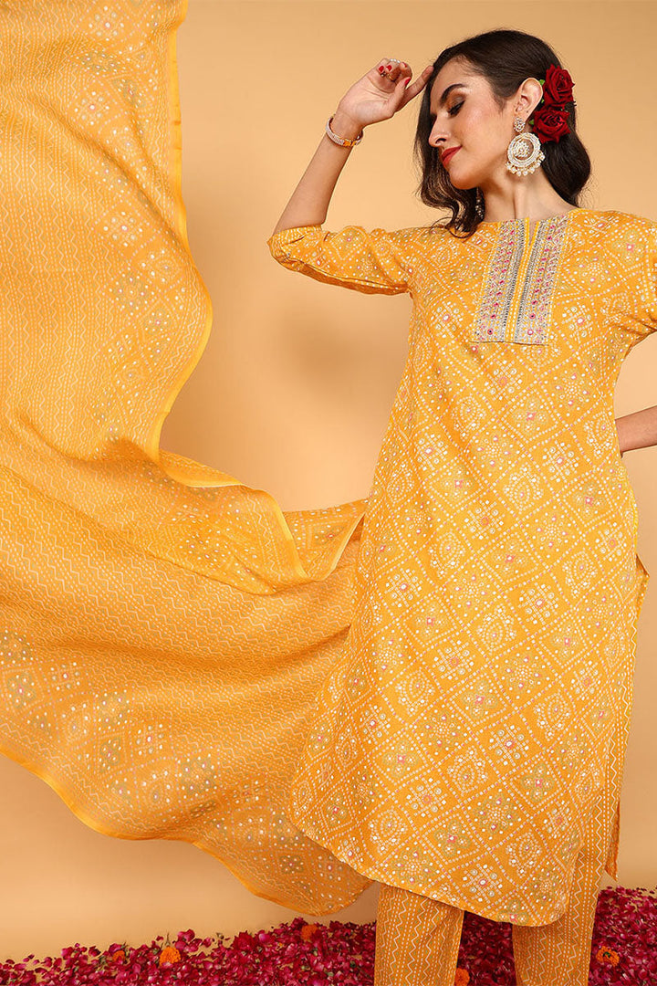 Yellow Poly Cotton Bandhani Printed Straight Suit Set | SHOBITAM