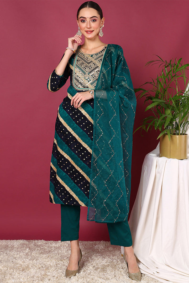 Plus Size Navy Blue Viscose Rayon Leheriya Printed Yoke Design Straight Suit Set | SHOBITAM
