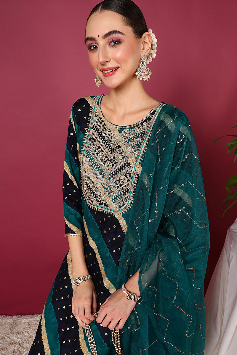 Plus Size Navy Blue Viscose Rayon Leheriya Printed Yoke Design Straight Suit Set | SHOBITAM