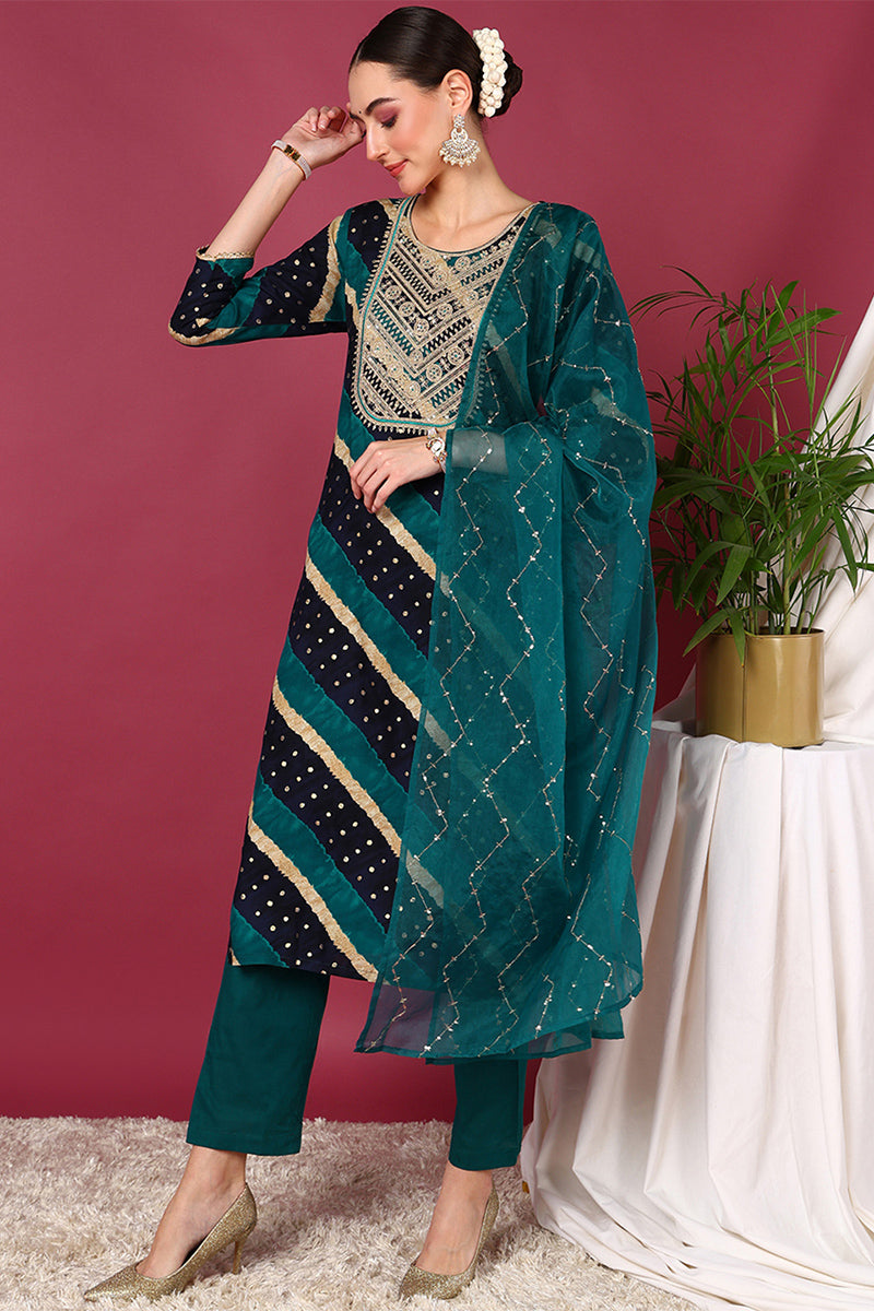 Plus Size Navy Blue Viscose Rayon Leheriya Printed Yoke Design Straight Suit Set | SHOBITAM