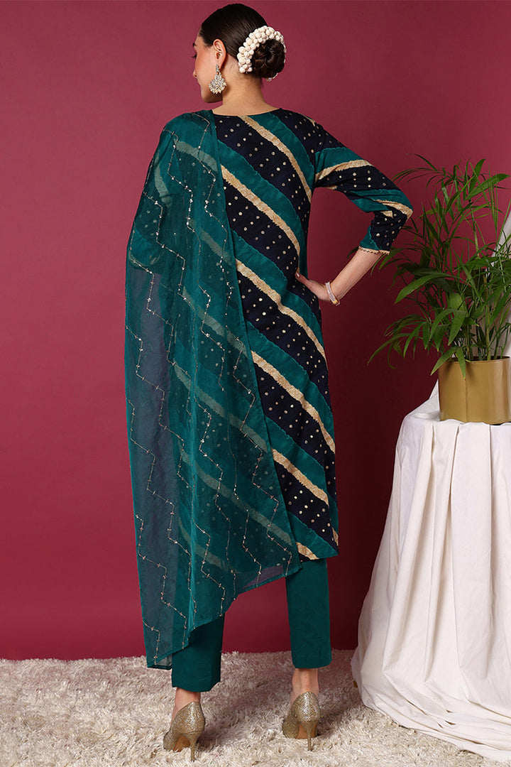 Plus Size Navy Blue Viscose Rayon Leheriya Printed Yoke Design Straight Suit Set | SHOBITAM