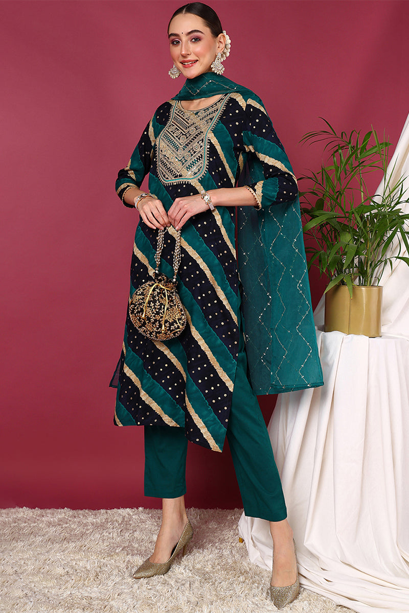 Plus Size Navy Blue Viscose Rayon Leheriya Printed Yoke Design Straight Suit Set | SHOBITAM