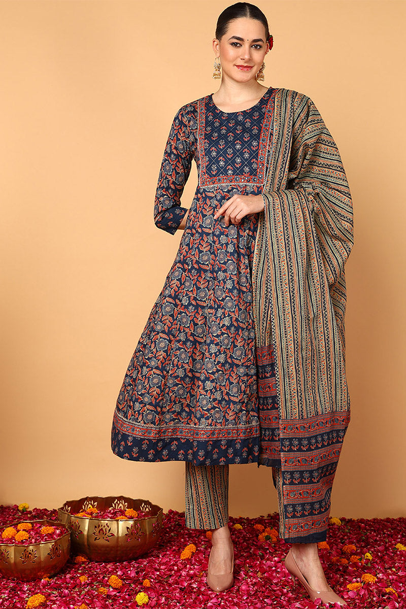 Blue Pure Cotton Floral Printed Flared Style Suit Set | SHOBITAM