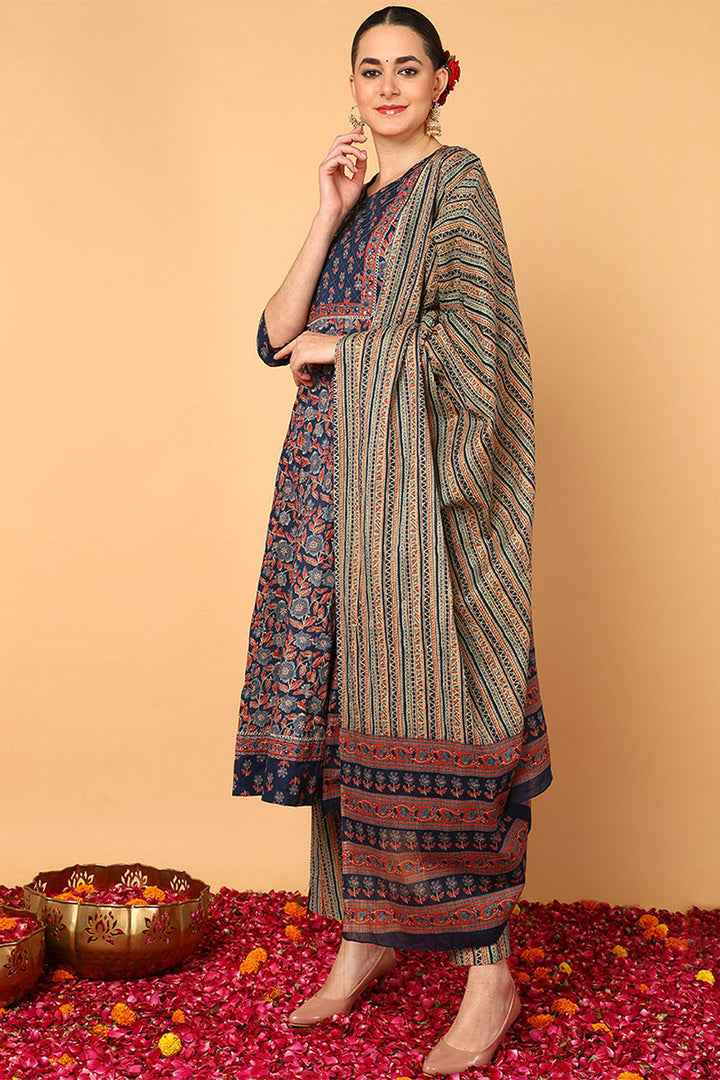 Blue Pure Cotton Floral Printed Flared Style Suit Set | SHOBITAM