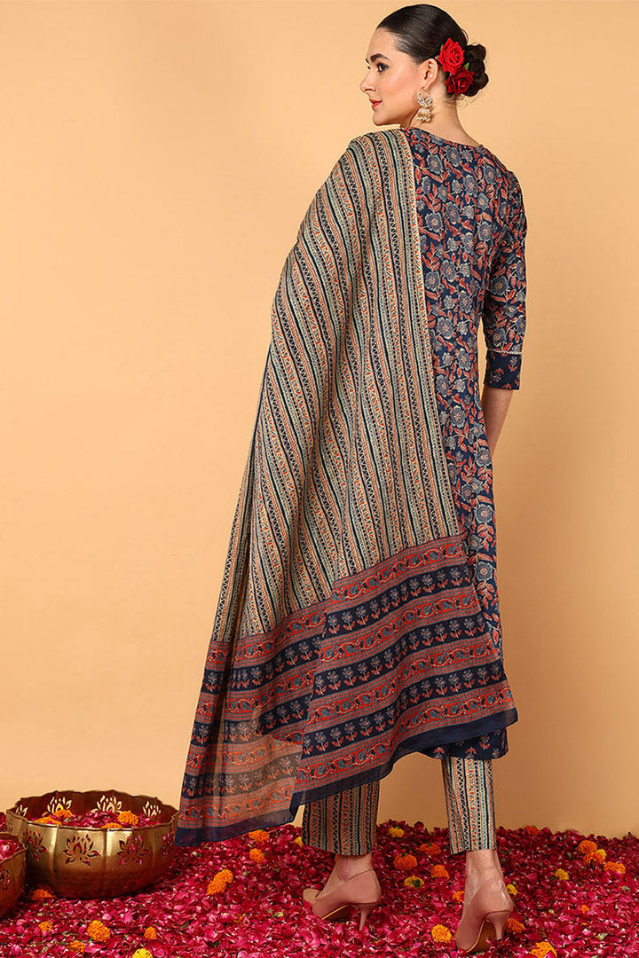 Blue Pure Cotton Floral Printed Flared Style Suit Set | SHOBITAM